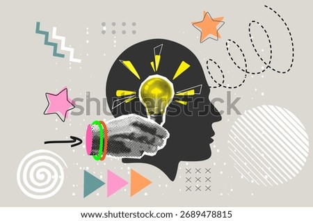 Collage with halftone hand, light bulb and head. Creative idea generation or brainstorm concept vector pop art retro style illustration. Design element for infographic, poster, website