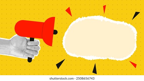 Collage with halftone hand and loudspeaker. Retro banner with empty space on torn paper. Vector illustration in flat style on yellow background
