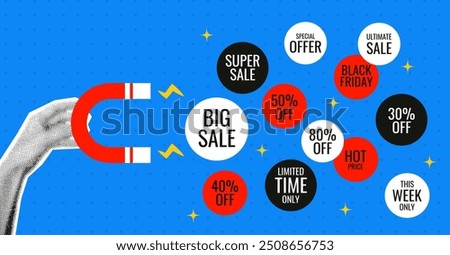 Collage with halftone hand and magnet attracting various discounts and promotions. Banner, poster, flyer. Vector illustration in flat style on blue dots background