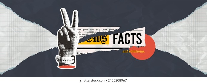 Collage halftone hand of okay, cool. Vintage vector concept of facts and solutions introduced in newspaper. Isolated torn newspaper scrap, ripped notebook paper. Promotional and advertising background