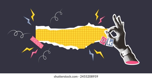 Collage halftone hand with okey gesture. Cutout lightning shape and confetti doodle element. Vintage vector concept of celebration or congratulations. Retro halftone effect. Promotion and advertising 