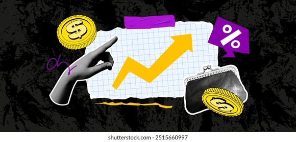 Colagem com uma mão de meio-tom apontando para um gráfico no fundo de uma moeda, com textura de papel recortado, carteira e balão. Trata-se de uma estratégia financeira para o crescimento. Elementos isolados