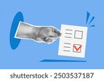 Collage with halftone hand puts down ballot on voting box. Election concept in pop art retro style. Design element for infographic, poster, website