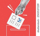 Collage with halftone hand puts down ballot on voting box. Election concept in pop art retro style. Design element for infographic, poster, website