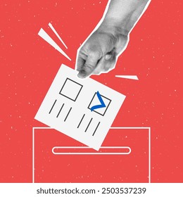 Collage with halftone hand puts down ballot on voting box. Election concept in pop art retro style. Design element for infographic, poster, website