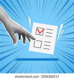 El collage con la mano del medio tono pone la boleta en la urna de votación. Concepto de elección en estilo retro de arte pop. Elemento de diseño para infografía, cartel, Sitio web