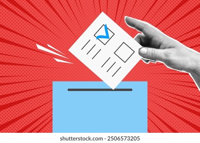 Collage with halftone hand puts down ballot on voting box. Election concept in pop art retro style. Design element for infographic, poster, website