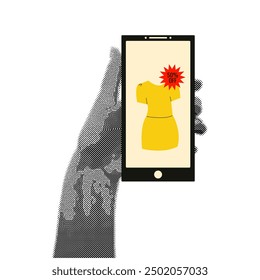 Collage con la mano del medio tono y el smartphone. Una mujer comprando un vestido en la compra del App usando su teléfono. Ilustración vectorial en estilo plano sobre fondo transparente