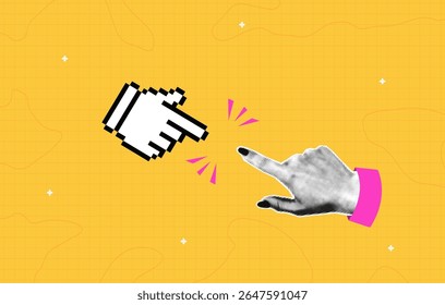 Collage with halftone hand which touching finger with pixel mouse cursor. Trendy collage style. Vector illustration.