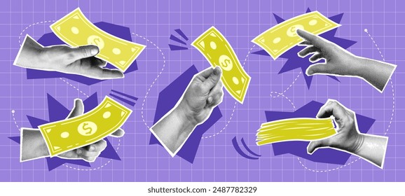 Collage with halftone hands, cash money and shapes. Payment, offer, saving money concept vector pop art retro style illustration. Design element for infographic, poster, website