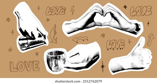 Collage halftone hands with coffee cup, coffee maker and hand gestures. Retro collage elements for posters, banner, social media. Vector illustration with contour scribbles and words