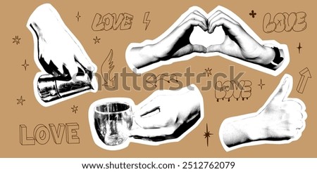 Collage halftone hands with coffee cup, coffee maker and hand gestures. Retro collage elements for posters, banner, social media. Vector illustration with contour scribbles and words