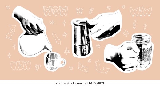 Collage halftone hands with coffee maker, glass and ceramic jars on delicate background. Retro collage elements for posters, banner, social media. Vector illustration with contour scribbles and words