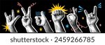 Collage halftone hands. Gesture arms, cutout elements in retro trendy style with halftone effect. Hand signs, peace, rock star, fist, like for card and banner. Vector concept. Different gestures