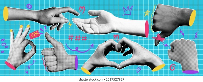 Collage halftone hands gestures with doodle elements. Dotted pop art style.