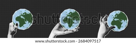 Collage halftone hands holding Earth globe. People give paper halftone World globe in hand. Collage design. Vector illustration.