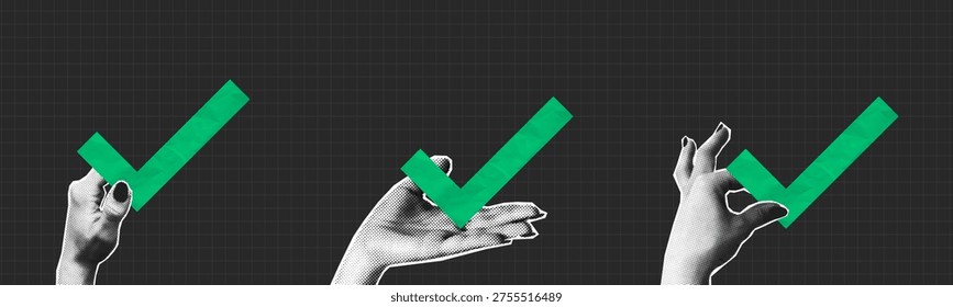 Collage halftone hands holding green check mark made from crumpled paper texture. People give checkmark in hand. Collage design, concept of feedback and approved. Vector illustration.