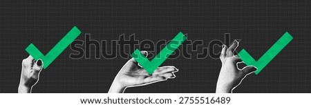 Collage halftone hands holding green check mark made from crumpled paper texture. People give checkmark in hand. Collage design, concept of feedback and approved. Vector illustration.