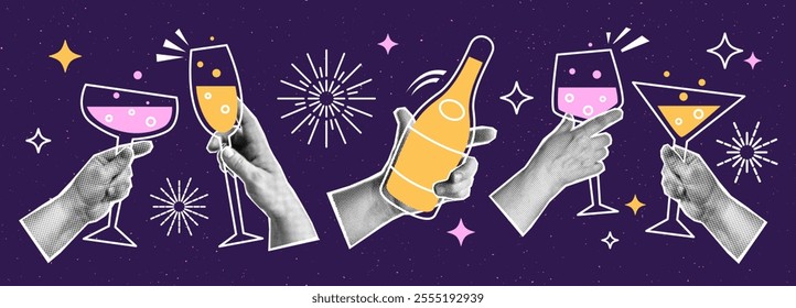 Collage with halftone hands holding New Year glasses, bottle of wine, drinks, star. Celebrate event concept vector pop art retro style illustration. Design elements for infographic, poster, website