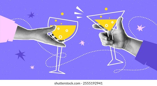 Colagem com mãos de meio-tom segurando copos de Ano Novo com vinho, estrela. Celebrar o conceito do evento vetor pop art retro estilo ilustração. Elementos de design para infográfico, cartaz, site