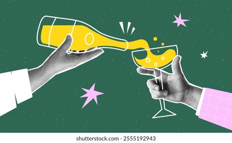 Collage with halftone hands holding New Year glasse, bottle of wine, star. Celebrate event concept vector pop art retro style illustration. Design elements for infographic, poster, website