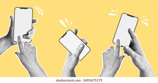 Collage with halftone hands holding phone. Modern vector pop art retro style illustration. Design element for infographic, poster, website, greeting card