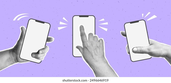 Collage with halftone hands holding phone. Modern vector pop art retro style illustration. Design element for infographic, poster, website, greeting card