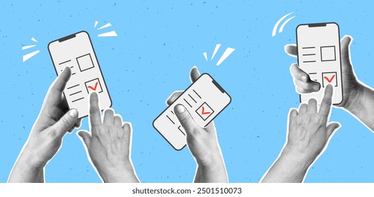 Collage with halftone hands holding phone and online election,  pushing voting button. Modern vector pop art retro style illustration. Design element for infographic, poster, website, greeting card