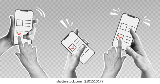 Collage with halftone hands holding phone and online election,  pushing voting button. Modern vector pop art retro style illustration. Design element for infographic, poster, website, greeting card