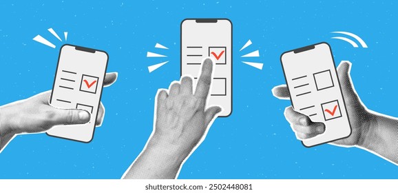 Collage with halftone hands holding phone and online election,  pushing voting button. Modern vector pop art retro style illustration. Design element for infographic, poster, website, greeting card