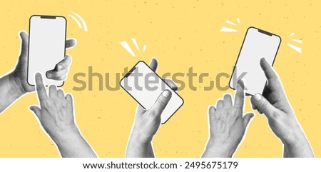 Collage with halftone hands holding phone. Modern vector pop art retro style illustration. Design element for infographic, poster, website, greeting card