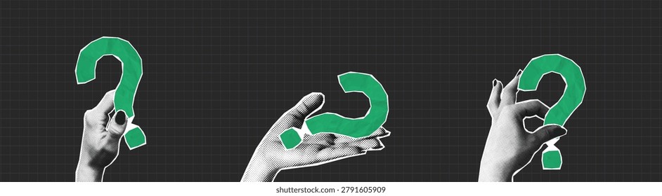 Collage halftone hands holding question mark made from crumpled paper texture. People give question mark in hand. Collage design, concept of support and solutions finding. Vector illustration.