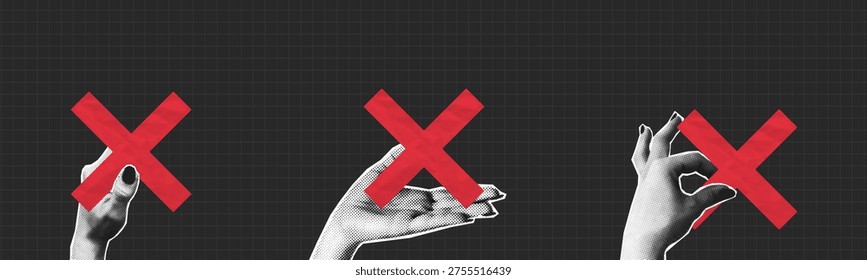 Collage halftone hands holding red cross made from crumpled paper texture. People give cross in hand. Collage design, concept of feedback and reject. Vector illustration.