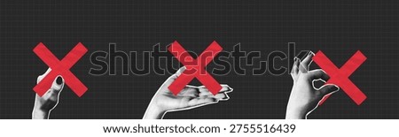 Collage halftone hands holding red cross made from crumpled paper texture. People give cross in hand. Collage design, concept of feedback and reject. Vector illustration.