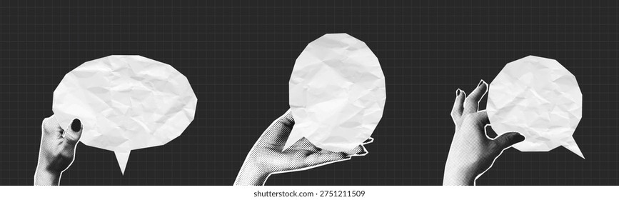 Collage halftone hands holding speech bubbles made from crumpled paper texture. People give speech bubble cut out from crumpled paper in hand. Collage design. Vector illustration.