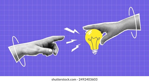 Collage with halftone hands and light bulb. Creative idea generation or brainstorm concept vector pop art retro style illustration. design element for infographic, poster, website