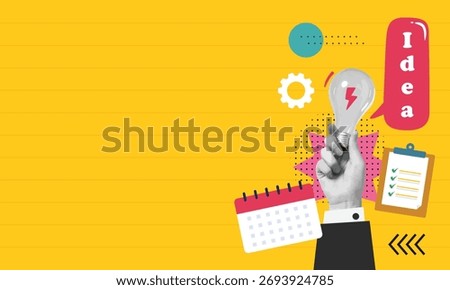 Collage with halftone hands and light bulb. Business concept