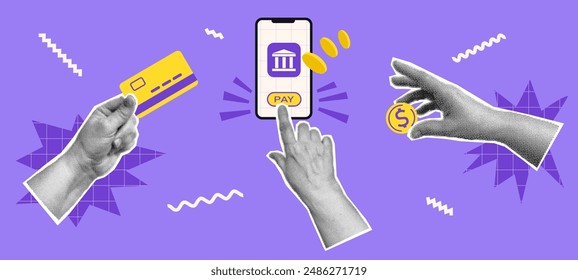 Collage with halftone hands, money, credit card and shapes. Mobile banking and online payment concept vector pop art illustration. Design for infographic, poster, website