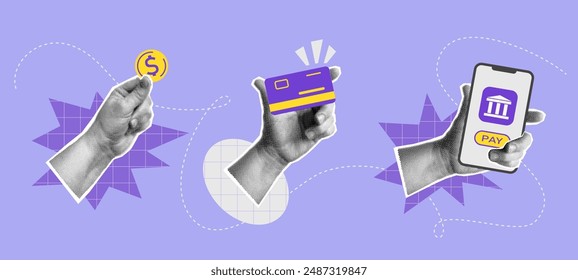 Collage with halftone hands, money, credit card, phone and shapes. Mobile banking, online payment, cash concept vector pop art retro style illustration. Design element for infographic, poster, website