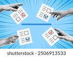 Collage with halftone hands puts down ballots on voting box. Election concept in pop art retro style. Design element for infographic, poster, website