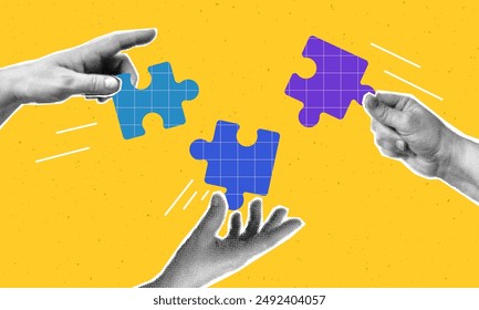 Collage mit Halbtonhänden, die Puzzle zusammensetzen. Teamwork Konzept Vektorgrafik Pop Art Retro Stil Illustration. Partnerschafts- und Beziehungsgestaltungselement für Infografik, Poster, Website