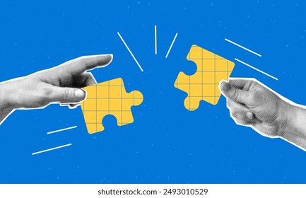 Collage with halftone hands putting puzzle together. Teamwork concept vector pop art retro style illustration. Partnership and  relationship design element for infographic, poster, website