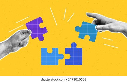 Collage with halftone hands putting puzzle together. Teamwork concept vector pop art retro style illustration. Partnership and  relationship design element for infographic, poster, website