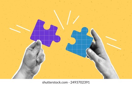 Collage with halftone hands putting puzzle together. Teamwork concept vector pop art retro style illustration. Partnership and  relationship design element for infographic, poster, website