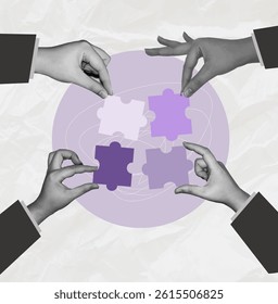 collage with halftone hands putting puzzle together. Teamwork concept vector pop art retro style illustration. Partnership and relationship, Concept business collage.
