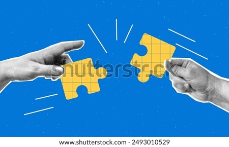Collage with halftone hands putting puzzle together. Teamwork concept vector pop art retro style illustration. Partnership and  relationship design element for infographic, poster, website