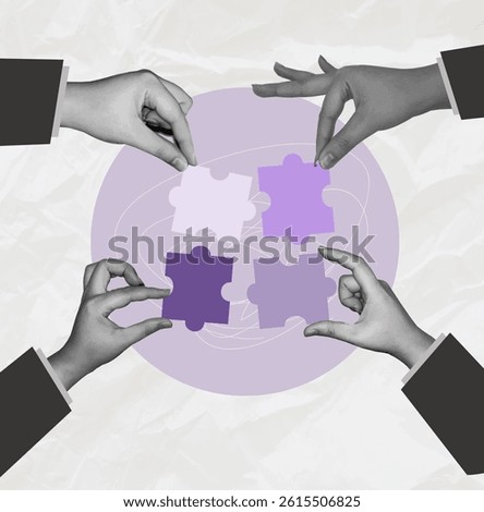 collage with halftone hands putting puzzle together. Teamwork concept vector pop art retro style illustration. Partnership and relationship, Concept business collage.