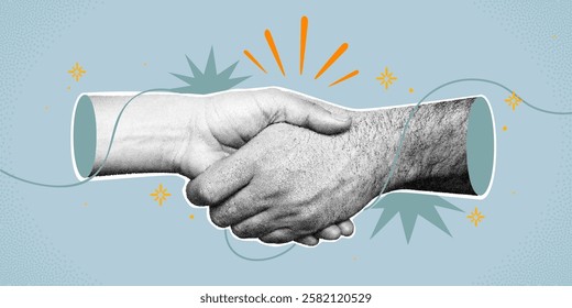 Collage halftone handshake. Retro stipple handshaking. Paper cut out texture hands. Good partner deal concept. Successful business partnership agreement. Vector banner.