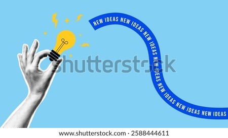 Collage with halftone human hand holding light bulb lamp. Mixed media design for idea or brainstorm concept. Vector template for card, poster, banner, social media.