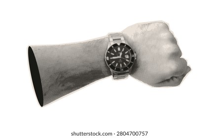 Collage Halftone man hand wearing wristwatch isolated on white background. Pop art sticker cut out of magazine paper. Vector vintage illustration. Time concept zine style
